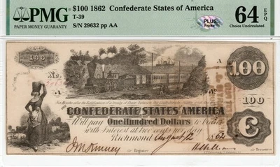 T-39 PF-13 1862 $100 Confederate Paper Money - PMG Choice Unc 64 EPQ - PLUS! - Image 1 of 2