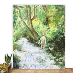 Mid Century Oil Painting on Canvas Original Vintage Art Boy Fishing River Tree - Picture 1 of 14