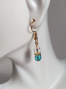 Blue Clear Glass Square Cube Bead Stick Dangle Hook Earrings Handmade Gold Tone - Picture 1 of 9