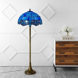 Blue Dragonfly Tiffany Style 16 inch Stained Glass Shade Floor Lamp Home Living - Picture 1 of 10