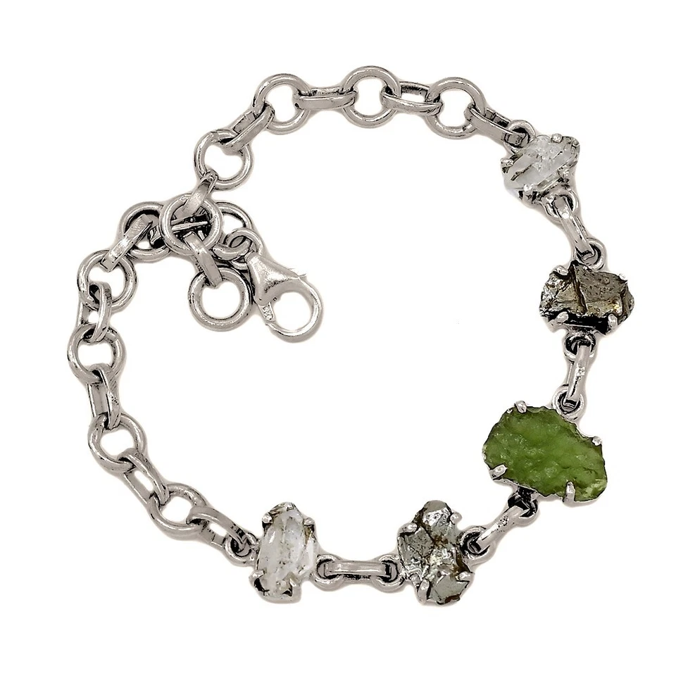 Natural Genuine Czech Moldavite & Herkimer Diamond 925 Silver Bracelet SB17454 - Image 1 of 1