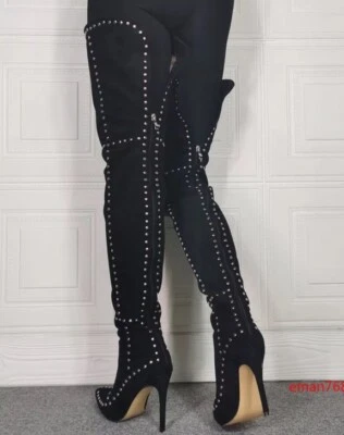 Novas Botas Femininas Coxa Alta Camurça Falsa Cravejada Traseira Zíper Botas Stiletto - Imagem 1 de 4