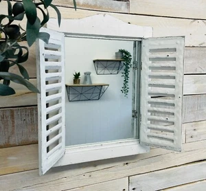 Garden Window Mirror White Shutter Wall Mount Rustic French Country Louvre Decor - Picture 1 of 3