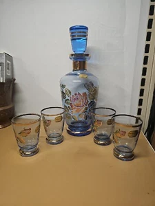 BOHEMIA ART GLASS HANDPAINTED ROSES DECANTER 4 GLASSES SET CZECHOSLOVAKIA Blue - Picture 1 of 9