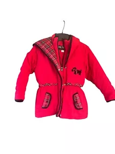 Girls Red Holiday Winter Jacket Coat SZ 6 L Hood Flannel Blk Velvet Dog Warm - Picture 1 of 15