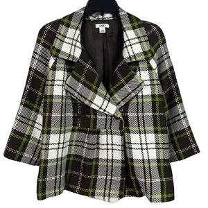 Cato Womens Cropped Jacket Lined Brown White Plaid 3/4 Sleeve Large - Picture 1 of 12