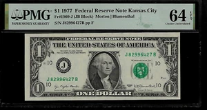 US 1 Dollar 1977 PMG 64 EPQ UNC Fr #1909-J FRN Kansas City Morton/Blumenthal - Picture 1 of 4