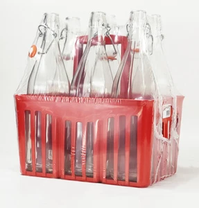 6 pezzi BOTT. COSTOLATA 1 LT in vetro TRASPARENTE con TAPPO + CESTELLO PLASTICA - Foto 1 di 1