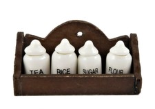 Dolls House Wooden Wall Shelf & 4 White Storage Jars 1:12 Kitchen Accessory