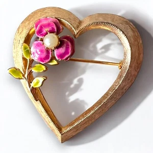 Accessocraft Herz Brosche rosa Emaille Kunstperlen goldfarben Vintage Valentinstag Anstecknadel - Bild 1 von 9