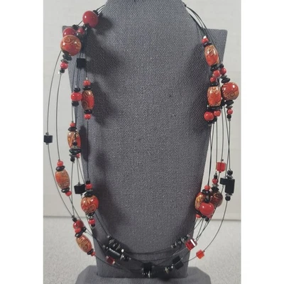 Black Red 6 Strand Wooden Floral Design Beads Pewter Spacers 8" Necklace - Image 1 of 4