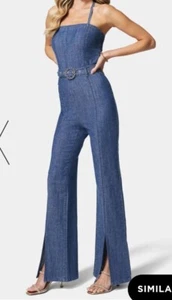 Bebe FRONT SLIT BELTED WIDE LEG Denim Jumpsuit Size 4 BRAND NEW 129$ - Picture 1 of 6