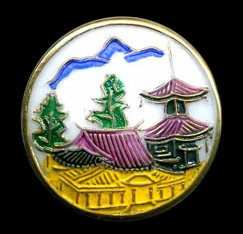 Vintage Glass Button- Pagoda Asian Scene, LaMode Back Mark 7/8" Cover