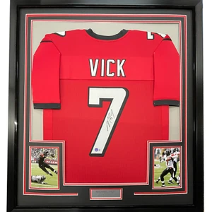 FRAMED Autographed/Signed MICHAEL MIKE VICK 33x42 Atlanta Red Jersey PSA/DNA COA - Picture 1 of 2