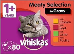 whiskas 1+ Cat Pouches Meat Selection in Gravy Giant Pack, Chicken 85gx80 - Picture 1 of 7