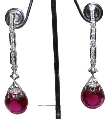 1.24ct Natural Round Diamond 14K White Gold Ruby Anniversary Dangle Earring - Image 1 of 4