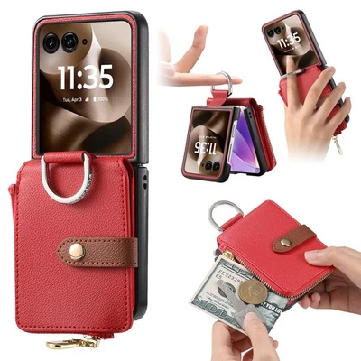 Para Motorola Razr/Plus/Ultra 2025/2024/2023 Cremallera Billetera Cuero PC Anillo Estuche  Foto 1 de 4