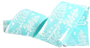 Ice Blue 2.5" by 5 yards White Flocked Christmas Trees Wired Ribbon Glittered - Picture 1 of 4