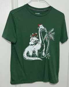 Old Navy Boys L 14-16 Green T-Shirt Dinosaur Christmas Holiday Graphic Tee - Picture 1 of 5