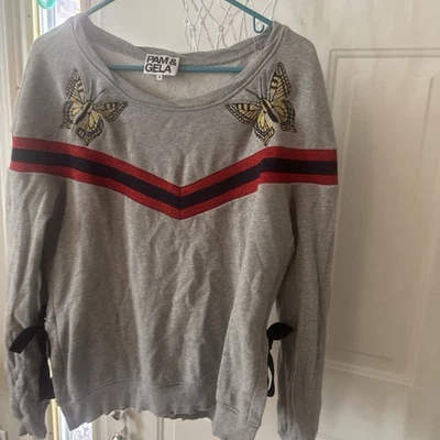 Pam & Gela Medium Sweatshirt Gray Red Chevron Stripe Butterfly Embroidery - Image 1 of 4