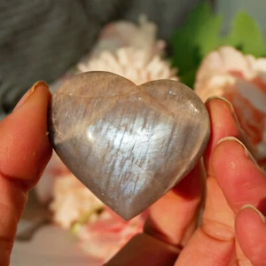 2" Natural Grey Moonstone Heart Quartz Crystal Reiki Palmstone Valentines Gift - Picture 1 of 7