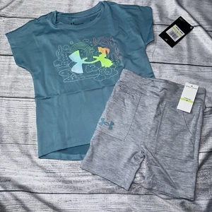 Under Armour Girls Size 4 Blue Gray Bike Shorts Pockets Outfit Set NEW - Picture 1 of 1