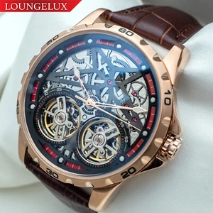 Mens Rose Gold Double Flywheel Skeleton Automatic Mechanical Watch Brown Leather - Picture 1 of 12