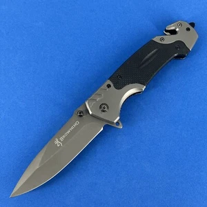 Browning Liner Lock Folding Knife Gray w/ Black Grip Handle HEAVY! - Picture 1 of 8