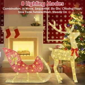 Christmas Reindeer Santa Sleigh Set with LED String Light Outdoor Yard Decor - Picture 1 of 14