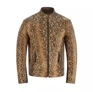 Chaqueta de cuero marrón exótica serpiente pitón textura motociclista para hombre - Imagen 1 de 4