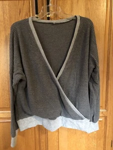 Women's 2X Relaxed Waffle Knit Deep V-neck, Banded Waist & Cuff, Gray W Contras - Picture 1 of 8