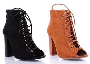 2 Color Lace Up Booties Open Toe Ladies Sexy Thick Heels Womens 4" High Heels - Picture 1 of 13