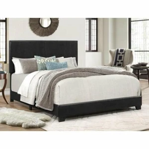 Full Size Bed Frame Platform With Headboard Erin Black Faux leather Upholstered - Picture 1 of 6