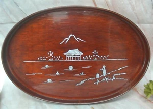 Vintage Oval Wood and Mother of Pearl Tray 18" Long - Picture 1 of 6
