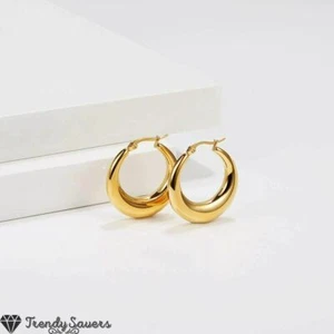 Women's 14K Yellow Plated Round Huggie Smooth Thick Dangle Hoop Earrings 25MM - Picture 1 of 12