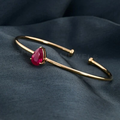 1.81 Ct Synthetic Ruby Solitaire Cuff Bangle 18k Yellow Gold Bracelet Jewelry - Image 1 of 4