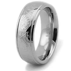 Stainless Steel Etched Floral Design Mens Wedding Band Ring 8MM | FREE ENGRAVING - Picture 1 of 1