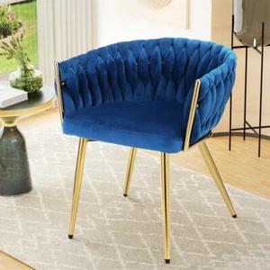 Artiss Dining Chair Velvet Weaving Armchair Blue - Picture 1 of 5