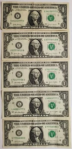 Cinco billetes de un dólar de $1 de 777 número de serie de lujo, 777 en el número de serie - Imagen 1 de 2