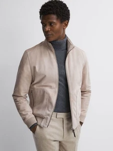 REISS MENS Damon Suede Zip Through Jacket Coat in Stone Size S - Picture 1 of 5