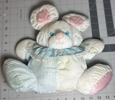 Vintage Fisher Price Puffalump 10 Inch Mouse with Rattle Blue Bib Striped Plush - Image 1 of 4