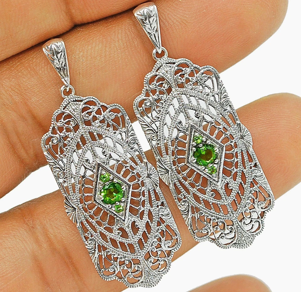 1CT Natural Peridot 925 Solid Sterling Silver Art Nouveau Earrings Jewelry  - Image 1 of 1