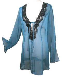 Y2K Fredricks Sheer Chiffon Lace Top Sz L Deep V Slit Sleeve Coquette Fairy Goth - Picture 1 of 12