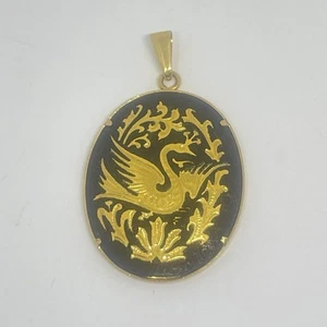 Vecchio ciondolo ovale vintage damascato oro e nero fiori di cigno Toledo Spagna - Foto 1 di 10