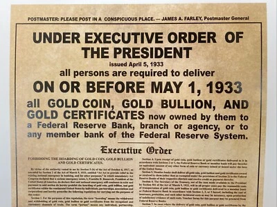 Póster de confiscación de oro 1933 FDR orden ejecutiva 6102 - (reproducción mejorada) Foto 1 de 4
