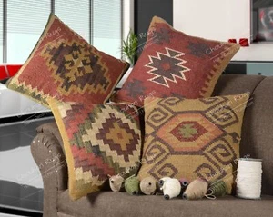 4 PCS Set of Hand Woven Jute Kilim Cushion Cover Indian Vintage Pillows 18X18... - Picture 1 of 9