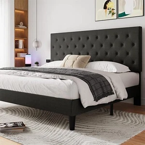 King Size Fabric Bed Frame with Adjustable Diamond Tufted Headboard, Dark Grey - Picture 1 of 8