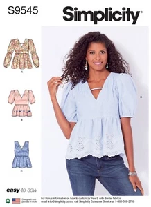 SIMPLICITY SEWING PATTERN 9545 MISSES 10-22 EASY V-NECK TOPS, PUFF SLEEVE OPTION - Picture 1 of 8