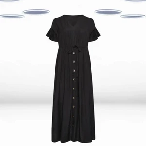 Ex Women's Plus Size Short Sleeve Linen Maxi Dress in Black - Picture 1 of 6