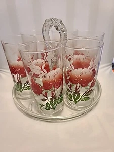 Vintage Glass Red Flower Juice Glasses Floral Tumbler Set of 6 Plus Tray - Picture 1 of 7